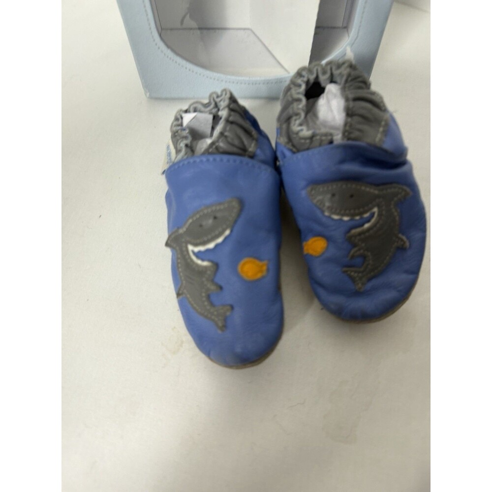 Robeez Shark Blue Leather Infant Toddler  Soft Shoe Crib Shoes Box